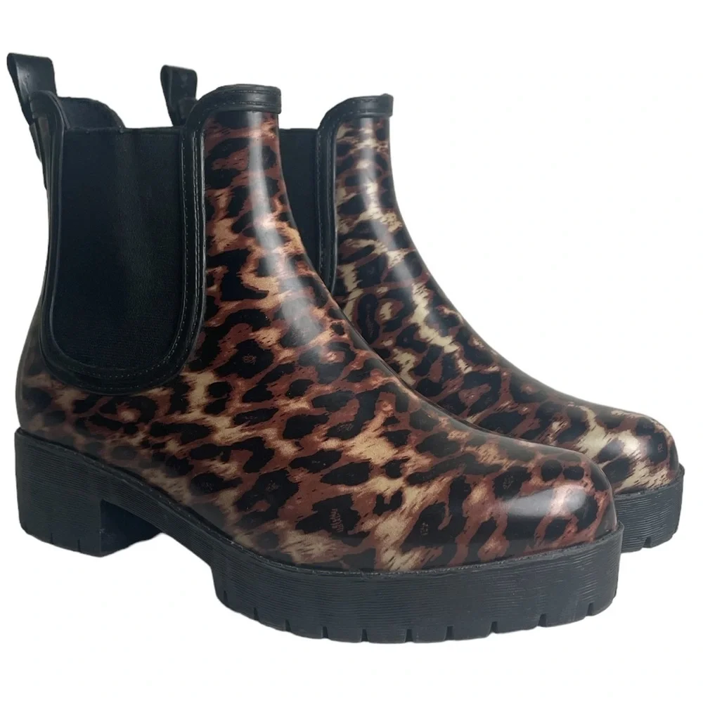 Jeffery Campbell Boots Womens 7 Black‎ Brown Leopard Platform Chelsea Rain Lug - Picture 2 of 9